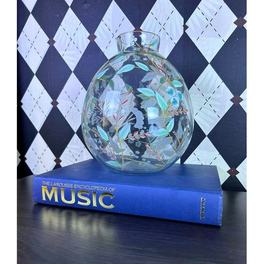 Anthropologie Bella Handpainted Floral Glass Vase Large 9.5 Inch